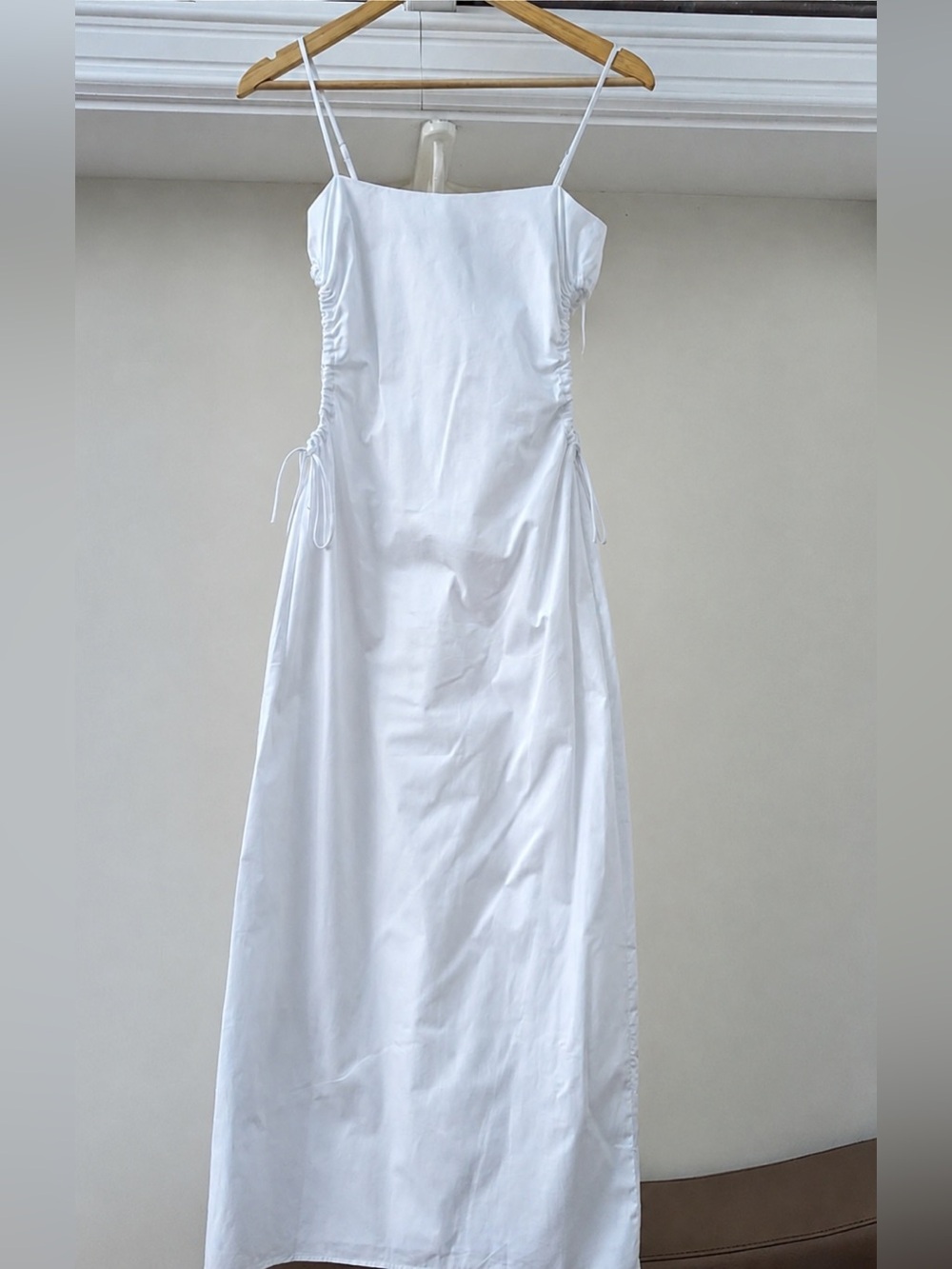 Zara White Ruched Side Tie Midi Dress | Coastal Chic Summer Dress | Size M - Picture 5 of 6